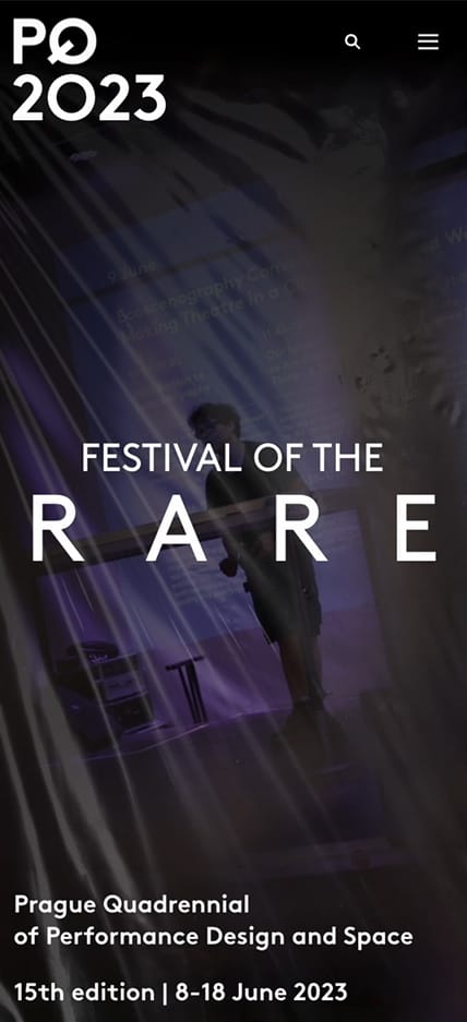 Mobile view of the PQ 2023 website homepage, showing the same Festival of the RARE hero section.
